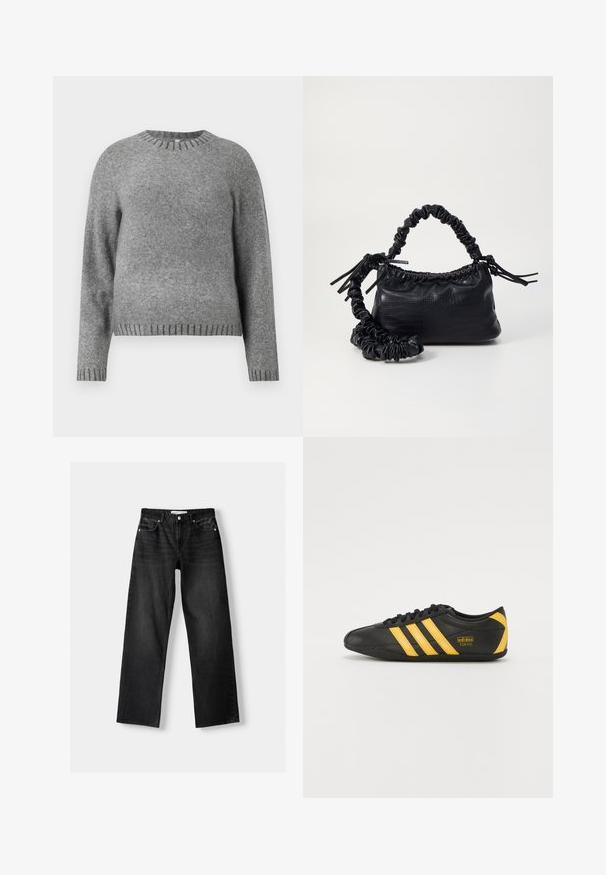 Pulover gri tricotat cu guler rotund, mâneci lungi și accente ondulate la manșete și la tiv. Textură moale cu o croială ușor lejeră.; Bershka Blugi drepți - mottled dark grey; Cămașă sport din piele neagră cu un design cu trei dungi galbene, vârf rotunjit, șireturi negre și un logo mic pe lateral. Silueta cu profil redus.; Geantă din faux leather neagră cu textură de crocodil, cu partea superioară strânsă și o curea mototolită. Pare moale și compactă ca design.