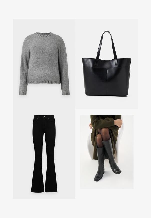 Sweater cinza em malha com decote redondo, mangas longas e detalhes canelados nos punhos e na barra. Textura suave com um ajuste ligeiramente solto.; Jeans pretos de cintura alta com fecho de botão e zíper, bolsos frontais e pernas largas dispostos em cima de um fundo branco.; Botas de couro pretas até ao joelho com biqueira quadrada e salto em bloco, apresentadas com um modelo sentado num casaco verde-azeitona. Textura lisa, com detalhes mínimos.; Bolsa tote preta em couro com duas alças longas, textura suave e forma estruturada. Apresenta um bolso frontal para armazenamento adicional.