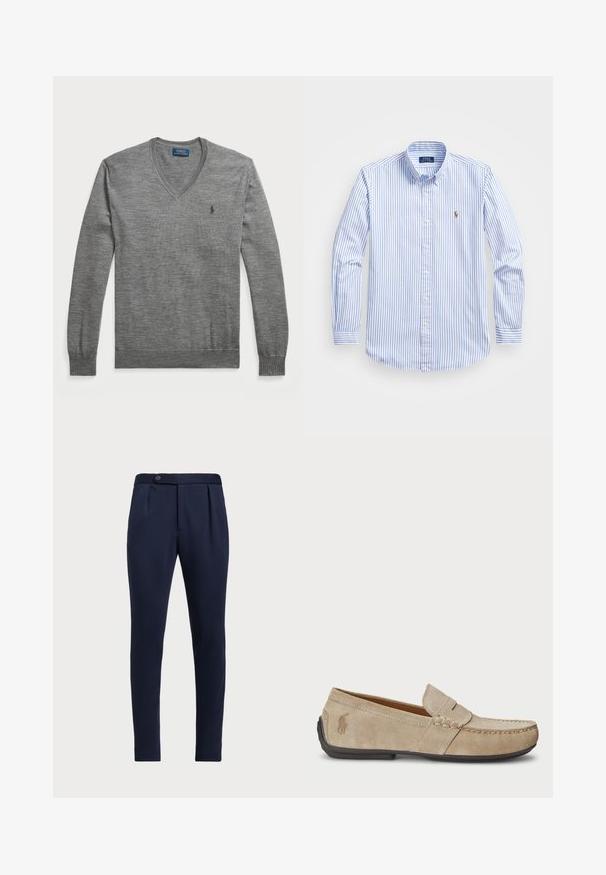 Grå v-hals genser laget av strikket stoff. Har lange ermer, ribbestrikkede mansjetter og hem, samt en liten logo på venstre bryst.; Lyseblå og hvitstripet skjorte med knapper, klassisk krage, lange ermer og en liten brodert logo på brystet.; Marineblå skreddersydde bukser med flat front, to frontfolder og en enkelt knappelukking, med et glatt, teksturert stoff.; Beige mokasiner i semsket skinn med en sydd detalj, flat gummisåle og en liten logo på siden. Klassisk slip-on-design, myk tekstur.