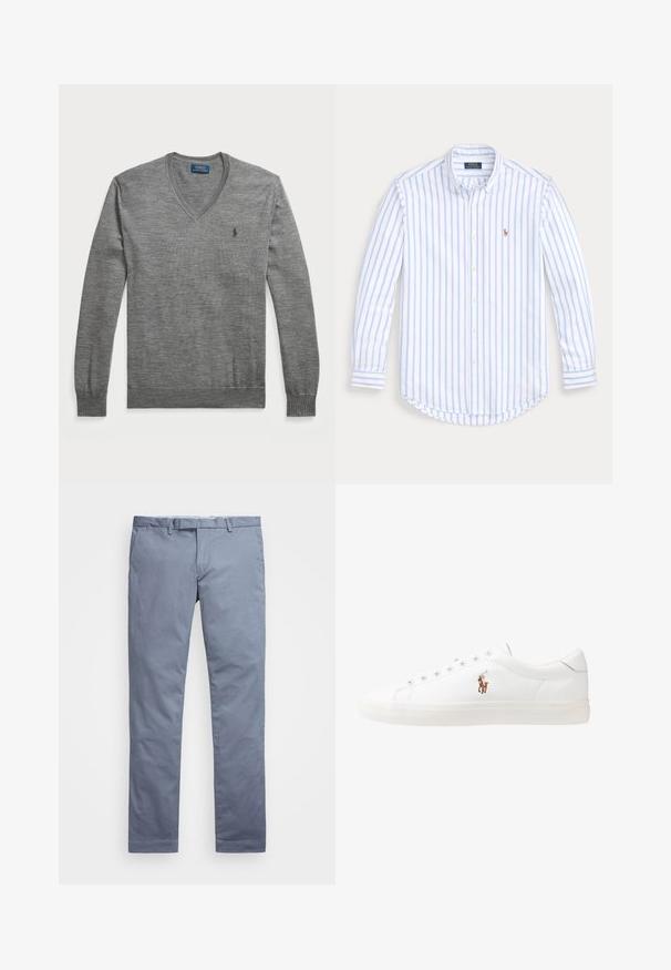 Sweater cinza em forma de V feito de tecido de malha. Apresenta mangas longas, punhos e barra canelados, e um pequeno logotipo no lado esquerdo do peito.; Camisa de botão de manga longa azul clara e branca, feita de algodão, com uma bainha curva e um pequeno logótipo bordado no peito.; Chinos de algodão azul claro com um corte slim, pernas retas, passantes para cinto e fecho de zip. Apresenta costuras subtis e sem padrões visíveis.; Sapatilhas de couro brancas, design de cano baixo, com textura suave, biqueira redonda, atacadores à frente e um pequeno logótipo bordado na lateral.