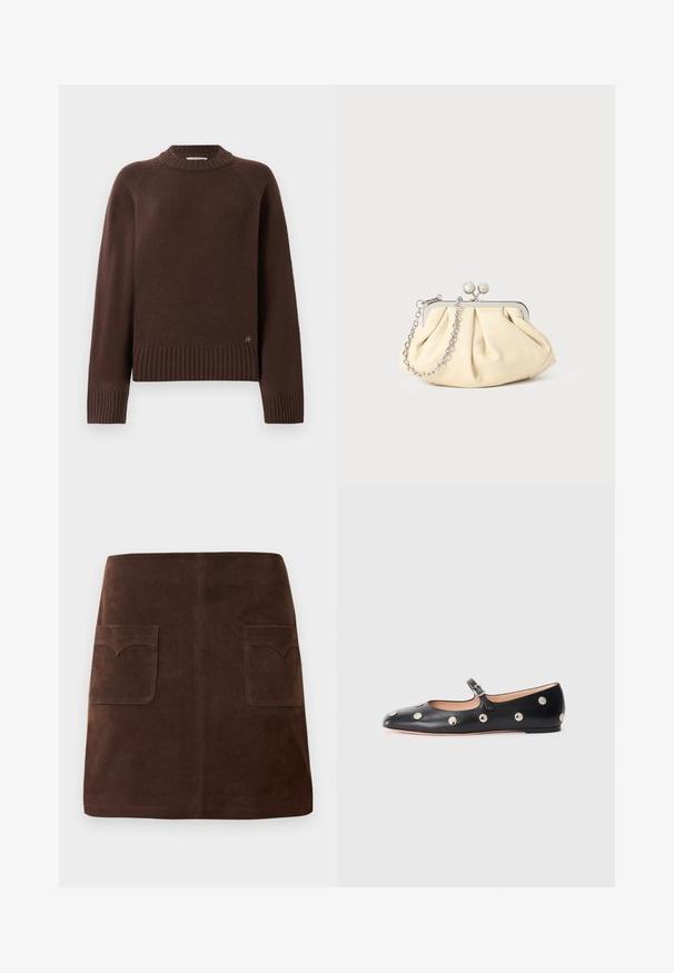 Mörkbrun ulltröja med ribbade mudd, nederkant och hög krage, med en liten metalllogotyp nära nederkanten på en enfärgad bakgrund.; Brun mockakjol med en klassisk A-linjeform, två framfickor med rundade klaffar och subtila sömdetaljer.; Svart läder Mary Jane lägenhetssko med rund tå, prydd med silverfärgade cirkulära nitar och ett justerbart band med spänne.; Plisserad beige läderclutch med en silvermetallram, som har två runda dekorativa lås och en silverkedjestrap.
