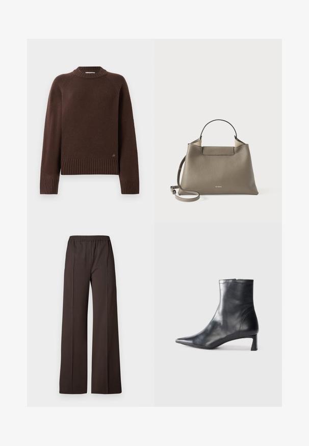 Temno rjav volnen pulover z rebrastimi manšetami, robom in ovratnikom, ki ima majhno kovinsko oznako blizu spodnjega roba na enotnem ozadju.; Hlače širokih nogavica iz temno rjave tkanine z elastičnim pasom, ki se ponašajo z gladko teksturo in čistimi linijami za elegantno podobo.; Črne usnjene gležnjarje s šiljastim nosom in elegantnim dizajnom. Imajo nizko peto in zadrgo na zadnji strani. Gladka tekstura.; Usnjena torba v sivi barvi z teksturo, z zgornjo ročico in nastavljivo ramensko naramnico, ki se ponaša z minimalističnim dizajnom in subtilno blagovno znamko embosirano spredaj.