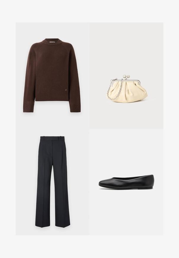 Dark brown wool sweater with ribbed cuffs, hem, and mock neck, featuring a small metal logo near the bottom hem on a plain background.; Dark blue pinstriped trousers with a high waist, wide leg design, and no visible hardware or embellishments. Smooth texture and tailored fit.; Paul Smith TOPANGA - Ballet pumps - black; Pleated beige leather clutch with a silver metal frame, featuring two round decorative clasps and a silver chain strap.