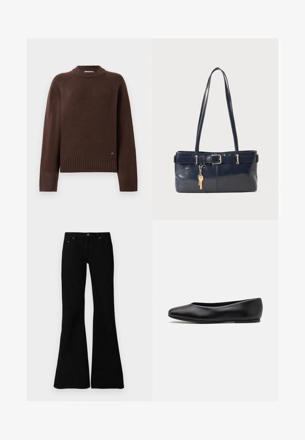 Maglione in lana marrone scuro con polsini, orlo e colletto alto a coste, caratterizzato da un piccolo logo metallico vicino all'orlo inferiore su uno sfondo semplice.; Jeans neri a zampa d'elefante realizzati in denim, con un classico design a cinque tasche, chiusura con bottone e dettagli di cucitura sottili lungo le cuciture.; Paul Smith TOPANGA - Ballerine - black; Borsa a mano in pelle blu con due manici lunghi, un dettaglio con fibbia e un portachiavi attaccato. Presenta una texture liscia e una forma rettangolare.