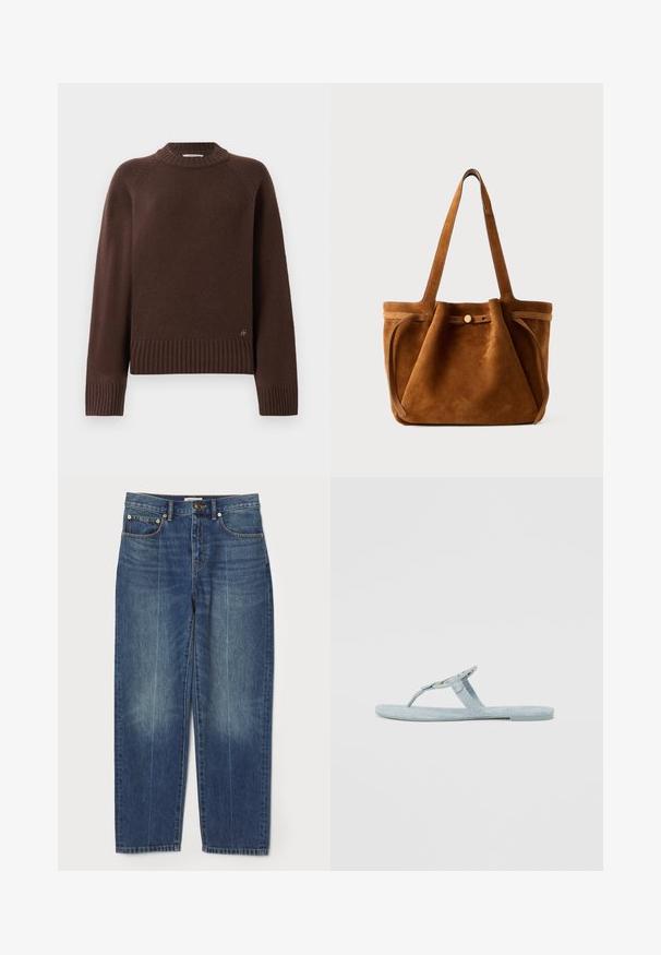 Pulover din lână de culoare maro închis, cu manșete și tiv cu nervuri, și guler înalt, având un mic logo metalic aproape de tivul de jos pe un fundal simplu.; Jeans albastre cu talie înaltă, drept, cu buzunare frontale și dorsale, bucle pentru curea, închidere cu nasture și detalii subtile de decolorare pe picioare.; Flip-flop de culoare albastru deschis, fabricat din material texturat. Prezintă un design simplu cu un întreținător pentru degetul mare și o talpă plată. Fără accente sau modele suplimentare.; Geantă tote din suede maro, cu mânere duale, un sistem de închidere cu buton și o formă relaxată, ușor căzută.