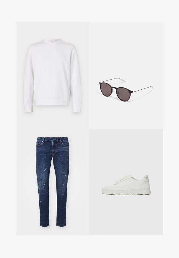 White sweatshirt with a crew neck, featuring embossed "ARMANI EXCHANGE" logo on the front. Soft fabric, relaxed fit, ribbed cuffs and hem.; Dark blue denim jeans with a slim fit, featuring paint splatters, visible stitching, and standard five-pocket design. Straight leg cut.; White leather sneaker with a smooth finish, round toe, flat laces, and a textured sole. Features a subtle logo on the heel.; Black round sunglasses with dark lenses and slim metal arms. Includes clear temple tips and silver accents at the hinge. Minimalist design.