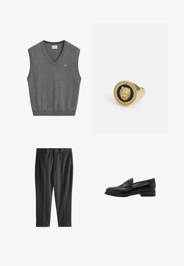 Grijze mouwloze trui, V-halsontwerp, ribgebreide halslijn en zoom, zachte textuur, met een klein geborduurd logo op de borst.; Zwarte langwerpige blouse gemaakt van een gladde stof, met een knoopsluiting aan de voorkant, een standaard kraag en een licht gebogen zoom.; Next STRIPE-REGULAR FIT - Chino - charcoal grey; Zwarte leren instappers met een gestikte voorkant en een platte hak. Glad van textuur met een ronde neus en een decoratieve band over de wreef.; Gouden ring met een verhoogd leeuwmotief op een zwarte achtergrond, omringd door een circulaire band met de gegraveerde merknaam.