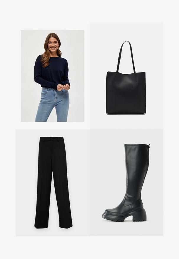 Marineblauer Strickpullover mit langen Ärmeln und Rundhalsausschnitt, kombiniert mit hellblauen, engen Jeans. Weicher Stoff und lockere Passform.; Schwarze, weit geschnittene Hosen aus glattem Stoff, mit einem klassischen Taillenbund und einem Knopfverschluss sowie vorderen Falten.; Hoher schwarzer Lederstiefel mit einer robusten Plateausohle und Blockabsatz, der über eine Zuglasche und ein strukturiertes Profil an der Außensohle verfügt.; Schwarze Laptoptasche aus Leder mit glatter Textur, rechteckiger Form und zwei langen Griffen. Keine sichtbaren Beschläge oder Verzierungen.