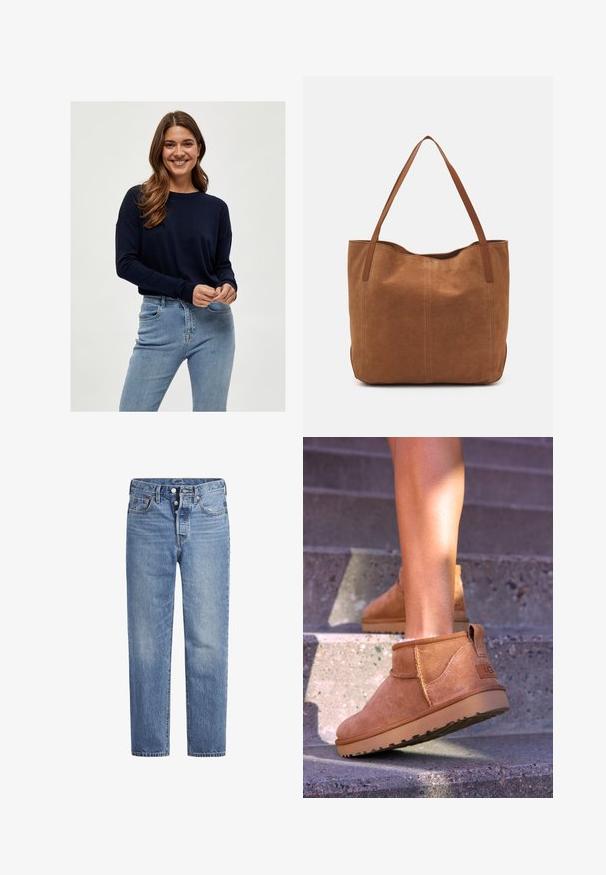 Laivastonsininen neulepusero pitkillä hihoilla ja pyöreällä pääntieellä, yhdistettynä vaaleansinisiin istuviin farkkuihin. Pehmeä rakenne ja rento istuvuus.; Vaaleansiniset farkut suoran leikkauksen, viiden pussin designin ja nappisuljenta. Ominaisuuksiin kuuluu hienoinen haalistuminen ja oranssit ompeleet.; Kahdenruskeat mokkanahkaiset nilkkurit, joissa on pehmeä pinta, kirjailtua yksityiskohtaa ja kumipohja. Kengissä on myös kätevä lenkki kantapäässä, joka helpottaa pukemista.; Ruskean mokkanahkainen olkalaukku, jossa on kaksi pitkää kantohihnaa. Laukussa on sileä pinta, yksinkertainen muotoilu ja ei näkyviä materiaaleja tai koristeita.