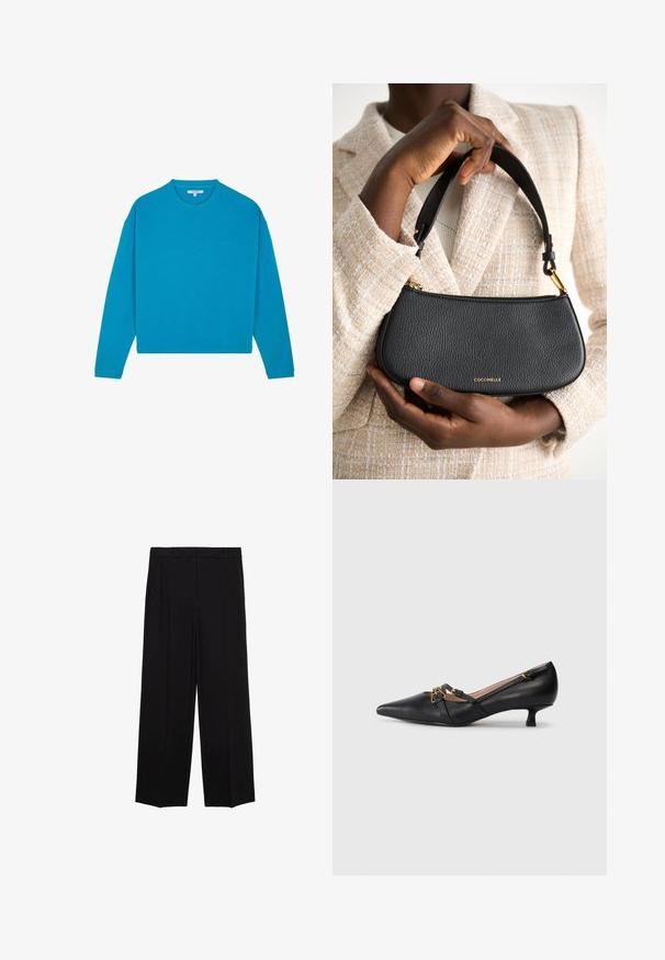 Sweatshirt turquoise à manches longues avec col rond, coupe décontractée, poignets côtelés et un petit logo en détail sur le devant. Texture lisse.; Pantalons larges noirs en tissu lisse, avec des plis sur le devant et des poches latérales, conçus avec une coupe droite et décontractée.; Escarpin en cuir noir avec un bout pointu, deux fines brides avec des accessoires en or, et un petit talon kitten. Texture lisse, design minimaliste.; Sac à main en cuir noir avec une finition texturée, un design élégant, une courte bandoulière et un accent logo en or. Tenue contre un fond en tissu de couleur claire.
