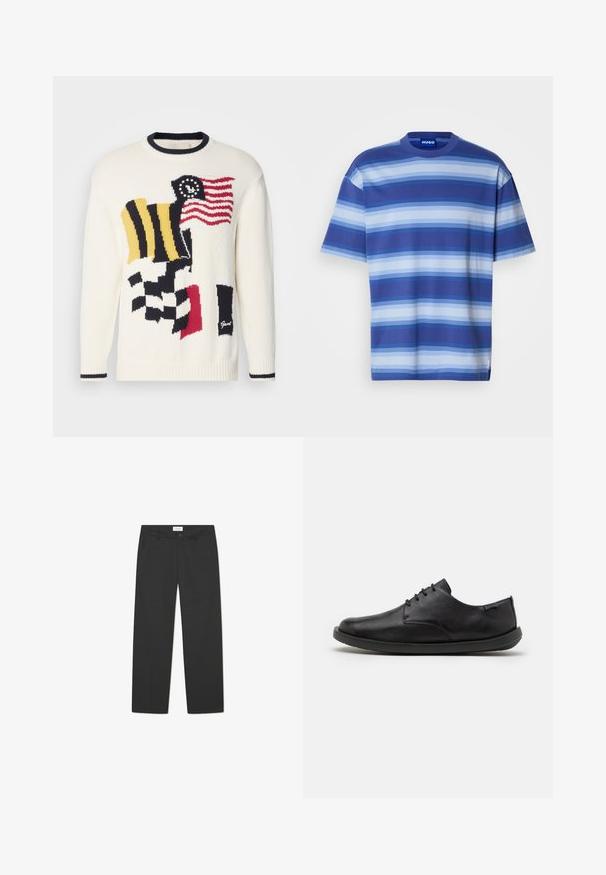 Strikket sweater i creme med multifarvede flagmønstre, herunder rød, blå, gul og sort. Har en rund marineblå ribbet krave og manchetter.; Kortærmet T-shirt lavet af bomuld med vandrette striber i forskellige nuancer af blå. Rund halsudskæring, afslappet pasform og et mærke, der viser brandet.; Sorte bukser lavet af letvægtigt stof. Har et lige ben-design med flad front, sidelommer og en diskret elastisk talje.; Sorte læder sko med en glat overflade, rund tå og minimal snøring. Har en flad gummisål og diskret branding på siden.