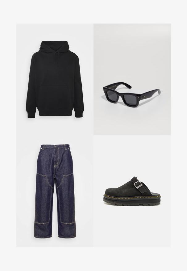 Mustale kapuutsviidri, mis on valmistatud pehmest kangast, omab känguru taskut, nööriga kapuutsi ja soonikkoes mansette. Lihtne disain ilma mustriteta.; Carhartt WIP NASH PANT SMITH - Avar lõikega teksad - blue rinsed; Must ülikonnaga nahkplagg, millel on reguleeritav rihm, paks must kummitald ja eristuv kollane õmblus ääres.; Mustad prillid, millel on läikiv viimistlus, ristkülikukujuline raam, tumedad läätsed ja kuldsed logo aktsendid peatukites. Igal esinurgal on kaks kuldset täppi.