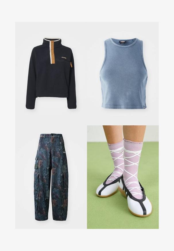 Tumes sinine fliispullover kõrge kaelusega, poolnuppe ees ja rinna taskuga. Omab kontrastset beeži klappi ja tõmblukuga taskut.; Heledsinine ribakujuline lühike top ümmarguse kaelusega ja ilma varrukateta. Sile tekstuur ja väike logo detail allservas.; Tumed roheline ja pruun kamuflaažiga cargo püksid, millel on mitmed taskud ja lahtine lõige, valmistatud kergest ja vastupidavast kangast.; Valged lamedad jalanõud musta ääre ja tallaga, koos heledate lillade soonikatega sokkidega, millel on valged ristvõrgud. Taustal roheline värv.