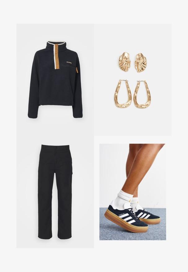 Tamsiai mėlynas vilnonis puloveris su aukštu apykakle, pusiau užtraukiamais mygtukais priekyje ir krūtine kišenė. Pasižymi kontrastinga šviesiai ruda juostele ir užtraukiama kišene.; Juodos medvilnės kelnes su tiesiu siluetu, mygtukų uždarymu ir diržo kilpomis. Yra klasikinio dizaino, be matomų kišenių.; Juodi zomšiniai sportbačiai su baltais dryžiais ir akcentais, apvalios nosies, guminio, gumos pado, derinami su baltais raitytais vidutinio ilgio kojinaitėmis.; Auksinės auskarai, turintys tekstūruotus, bangų formos elementus. Įeina skulptūriniai segami auskarai ir atviri lankai su išmuštu paviršiumi.