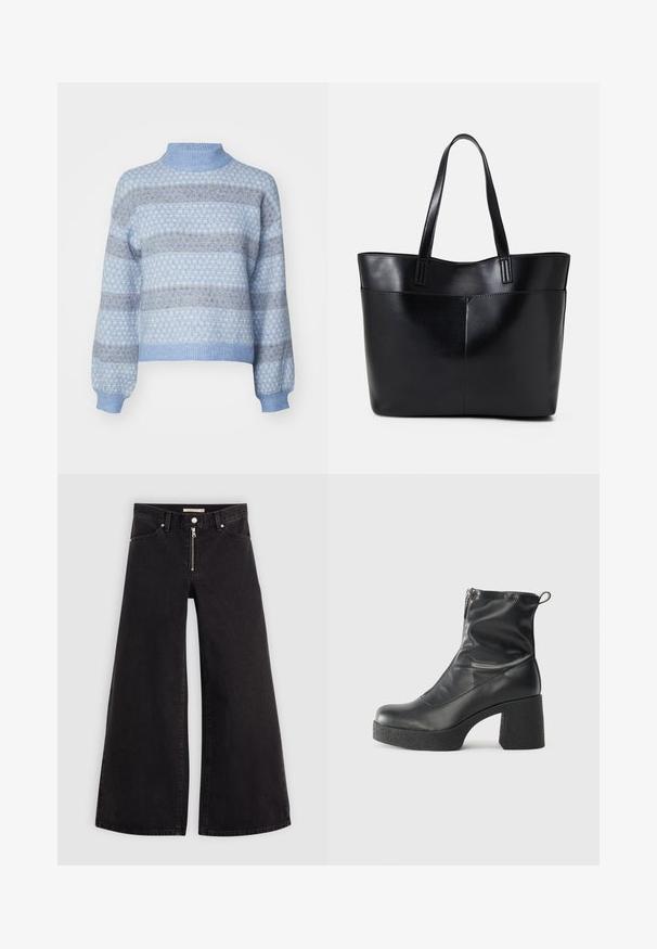 Light blue sweater with a high neckline, featuring a diamond pattern in darker shades of blue and brown, and elastic cuffs and hem.; Wide-leg jeans in black denim with a zippered front, five-pocket design, and subtle stitching details. Smooth texture and casual style.; Black ankle boots made of smooth leather, featuring a side zipper, chunky textured heel, and rounded toe design.; Black leather tote bag with two long handles, a smooth texture, and a structured shape. Features a front pocket for additional storage.