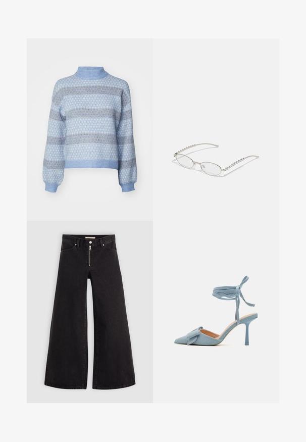 Light blue sweater with a high neckline, featuring a diamond pattern in darker shades of blue and brown, and elastic cuffs and hem.; Wide-leg jeans in black denim with a zippered front, five-pocket design, and subtle stitching details. Smooth texture and casual style.; Pointed-toe high heel shoe in light blue fabric with a textured finish, featuring a bow accent and ankle strap for secure fit.; Oval glasses with a metallic silver frame, clear lenses, and textured beaded temple accents. Lightweight design with curved arms.