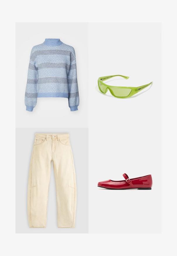 Light blue sweater with a high neckline, featuring a diamond pattern in darker shades of blue and brown, and elastic cuffs and hem.; Beige denim jeans with a relaxed fit, featuring a high waist, five pockets, and subtle fading. Raw hem details at the ankles.; Red patent leather Mary Jane flats with a square toe, a buckle strap, and a low black heel. Smooth texture and shiny finish.; Green sunglasses with a sleek, wraparound design. Made of lightweight plastic, featuring tinted lenses and subtle branding on the temples.