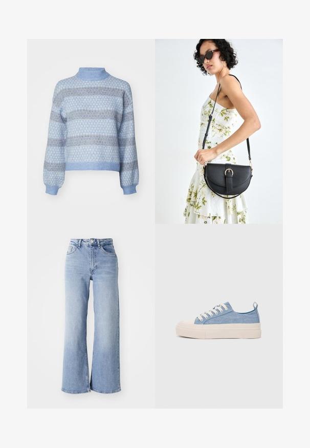 Lys blå genser med høy hals, med et diamantmønster i mørkere nyanser av blått og brunt, samt elastiske mansjetter og nederkant.; Lyseblå høyt liv vide jeans med front- og baklommer, knappelukking og subtile falminger på lårene og kanten.; Lys blå canvastøfler med en kremfarget gummitupp og yttersåle, med hvite snørebånd og en løfteløkke på hælen.; Svart lærveske med en buet form, avtagbar stropp og gullbeslag. Vesken har et klaff med spenne-detall.