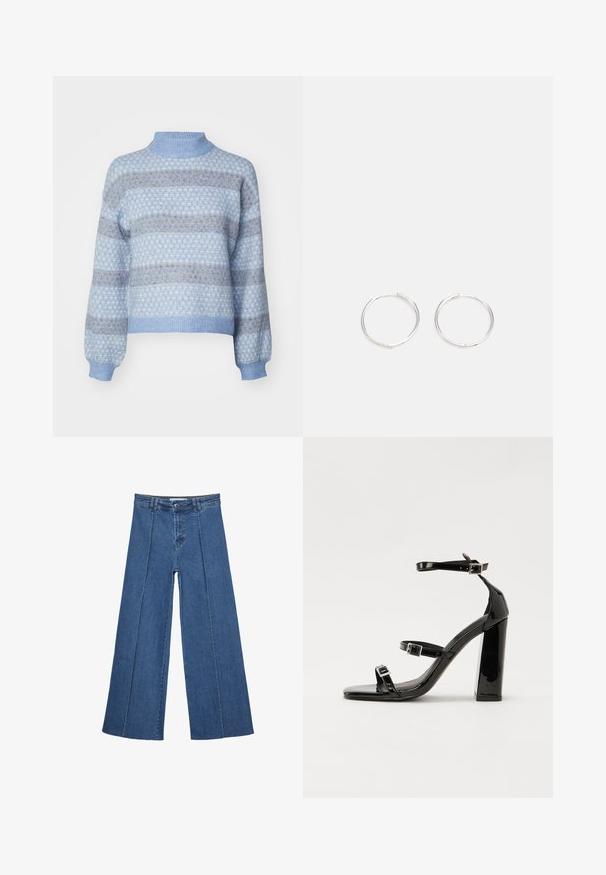 Svetlo modri pulover z visokim ovratnikom, ki ima diamanten vzorec v temnejših odtenkih modre in rjave barve ter elastiko na manžetah in robu.; Jeans širokih nogavic v srednji modri barvi, z visokim pasom, gumbom in kontrastnimi navpičnimi šivi spredaj.; Črne lakirane sandale s peto, kvadratnim prstom, trakovi okrog gležnja in srebrnimi zaponkami. Opremljene so s stabilno Debelo peto.; Srebrne kroglice z elegantnim, okroglim oblikovanjem, z gladko površino in brez vidnih okrasnih elementov. Premer ni določen.