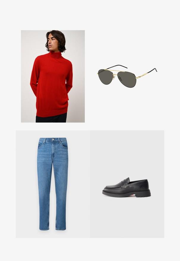 Roter, hochgeschlossener Pullover aus weichem Material. Hat lange Ärmel, eine lockere Passform und eine gerippte Textur an den Bündchen und dem Saum.; Blaue Denim-Jeans mit geradem Bein-Design, featuring einen klassischen Fünf-Pocket-Stil, einem vorderen Knopfverschluss und subtilen Abriebstellen.; Schwarze Leder-Lenker mit runder Spitze, erhobenem Naht und dicker Gummisohle. Schlichtes Design mit minimaler Markenpräsenz an der Seite.; Goldene Metall-Aviator-Sonnenbrillen mit dunkelgrauen Gläsern, die ein schlankes Design, schwarze Bügel und dezente Branding-Elemente im Rahmen aufweisen.