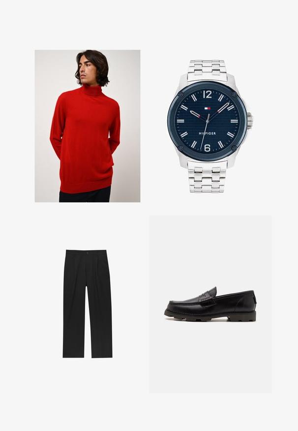 Roter, hochgeschlossener Pullover aus weichem Material. Hat lange Ärmel, eine lockere Passform und eine gerippte Textur an den Bündchen und dem Saum.; Schwarze Hose mit geradem Schnitt, aus einem glatten Stoff gefertigt. Verfügt über Vorderfalten und einen einzelnen Knopfverschluss an der Taille.; Schwarze Leder-Loafer mit abgerundetem Zehenbereich, dekorativer Naht und strukturiertem Außensohle für besseren Halt. Leicht erhöhter Absatz.; Silberner Edelstahlarmbanduhr mit einem navyblauen Zifferblatt, weißen Stundenmarkierungen und einem roten Akzent. Verfügt über ein Gliederarmband und ein rundes Gehäuse.