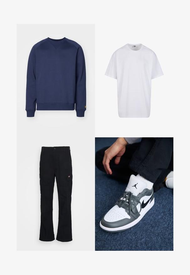 Navy-blaues Sweatshirt aus weichem Stoff, mit Rundhalsausschnitt, gerippten Ärmeln und Saum sowie einem kleinen Logodetail am Ärmel.; Weiße Baumwoll-T-Shirt mit kurzen Ärmeln, rundem Ausschnitt, lockerer Passform und ohne sichtbare Logos oder Muster. Glatte Textur und minimalistisches Design.; Schwarze Cargo-Hose mit geradem Bein, aus strapazierfähigem Stoff gefertigt, mit Seitentaschen und einem aufgenähten Logo auf der linken Seite.; Nike Air Jordan 1 Sneakers aus weißem und grauem Leder, mit einem schwarzen Logo, perforierter Zehenpartie und flachen grauen Schnürsenkeln.