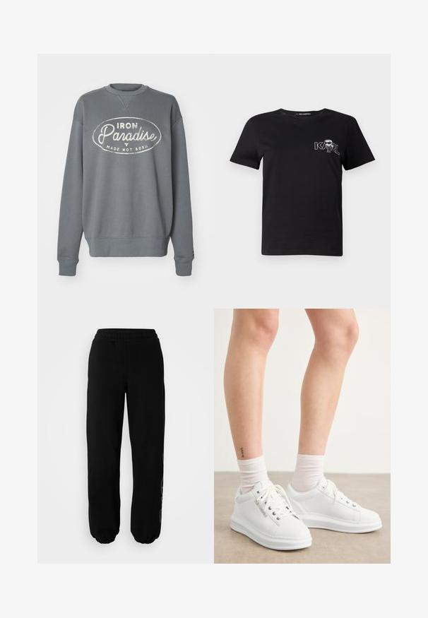 Sivá mikina s okrúhlym výstrihom, dlhými rukávmi, rebrovanými manžetami a centrálnym potlačeným dizajnom s nápisom "IRON Paradise MADE NOT BORN."; Čierne tričko s krátkym rukávom vyrobené z bavlny. Obsahuje bielu grafiku s textom "KARL" a stilizovanou postavou na hrudi. Okrúhly výstrih.; Čierne teplákové nohavice s elastickým pásom a manžetami. Vyrobené z mäkkého materiálu s jemným dizajnovým detailom na ľavej nohe.; Biele kožené tenisky s hladkou textúrou, okrúhlou špičkou a plochou gumovou podrážkou. Šnúrky sú viditeľné a ponožkové lemy sú biele.