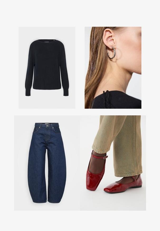 Sötétkék kötött pulóver kerek nyakkal, bordás textúrával és hosszú raglán ujjal. Egyenes szabású a szegélynél.; Magas derekú sötétkék farmernadrág széles lábakkal, elöl gombbal és cipzárral záródik, klasszikus öt zsebes kialakítással.; Piros lakkbőr cipők négyzetes orral, alacsony sarokkal és bokapánttal, világoszöld bő szárú farmerral párosítva. Sima textúra, fényes felület.; Ez egy ezüst fülbevaló, sima felülettel, amelyen apró arany díszítőelemek találhatók. Kerek formájú és a fülcimpán viselik.