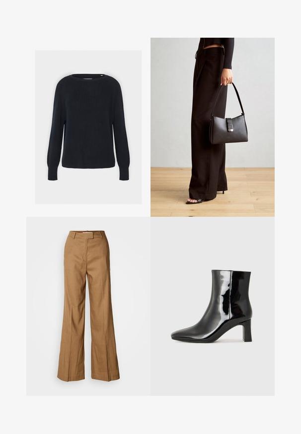 Námořnický modrý pletený svetr s kulatým výstřihem, žebrovanou strukturou a dlouhými raglánovými rukávy. Má rovný střih na spodním lemování.; Hnědé široké kalhoty vyrobené z lehké tkaniny. Mají plochý přední díl, poutka na pásek a upravený siluetu s délkou ke kotníkům.; Černé lakované kotníkové boty s špičatou špičkou a středně vysokým blokovým podpatkem. Hladká textura a minimalistický design.; Černá kabelka se strukturovaným tvarem, hladkým povrchem a kovovým uzávěrem. Kombinována s širokými černými kalhotami a sandály s otevřenou špičkou na dřevěné podlaze.