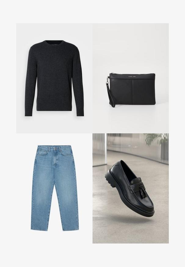 Mørk grå strikkegenser med lange ermer, rund hals, ribbede mansjetter og kant. Jevn tekstur med subtil fargevariasjon. Ingen distinkte mønstre.; Lyseblå jeans i denim med rett ben, fem-lommers design og en lett falmet tekstur. Har knappe- og glidelåslukking.; Svarte skinnloafers med jevn finish, dekorativ dusk, tykk gummisåle og syede detaljer. Lettvektig og elegant design.; Svart syntetisk clutch med glidelås, håndleddsrem og en glatt tekstur. Har subtil søm og et logo preget på forsiden.