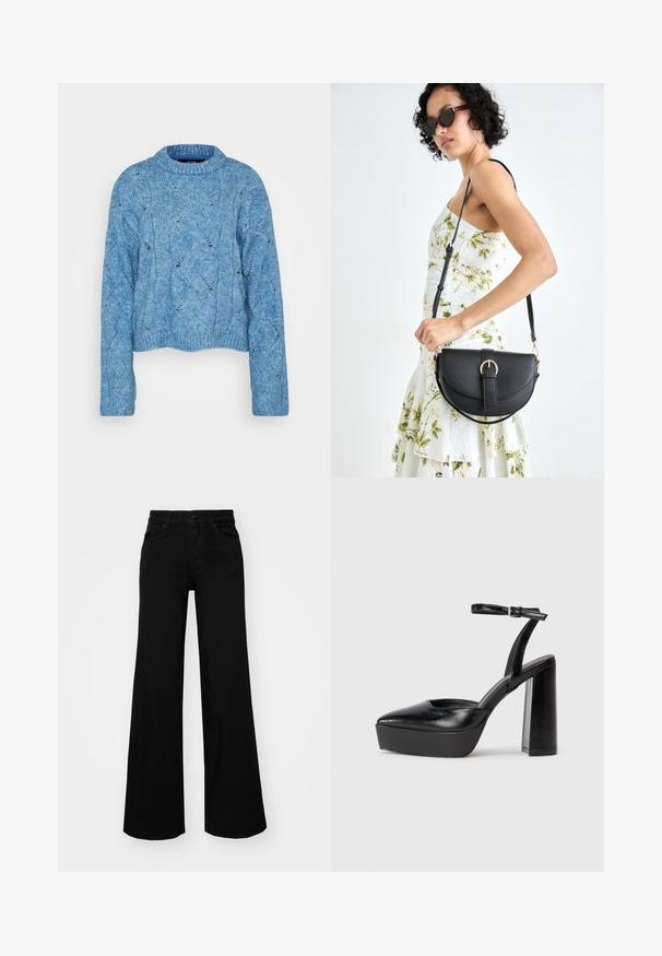 Vero Moda Tall VMLINA O NECK - Pulover - allure melange; Črne široke denim hlače s strukturiranim pasom, z zankami za pas in sprednjimi žepi. Gladka tekstura s klasičnim dizajnom.; Črne platforme z visokimi petami in koničastim nosom ter nastavljivim gležnjenjskim trakom. Narejene iz gladke usnje, s kockasto peto.; Črna usnjena torbica s ukrivljeno obliko, z odstranljivo naramnico in zlatimi dodatki. Torbica ima pokrov s podrobnostmi v obliki zaponke.