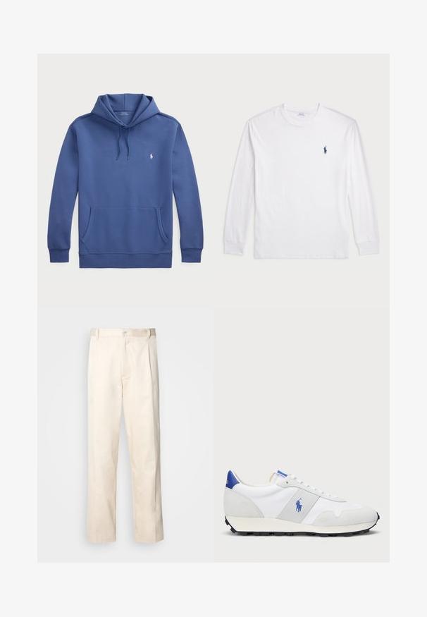 Blå hettegenser laget av bomullsblanding, med kengurulommer, ribbestrikkede mansjetter og et brodert logo på brystet. Justerbar snorhette.; Hvit langermet T-skjorte laget av bomull. Har rund hals, ribbestrikkede mansjetter, og en liten marineblå polo-logo på venstre bryst.; Beige bomullsbukser med rett benfatt, med knappelukking og folder foran for ekstra detaljer.; Hvit trening sneaker med grå semsket skinn-accents, mesh-overdel, blå hælflik og svart gummi såle. Har snøring og logo.