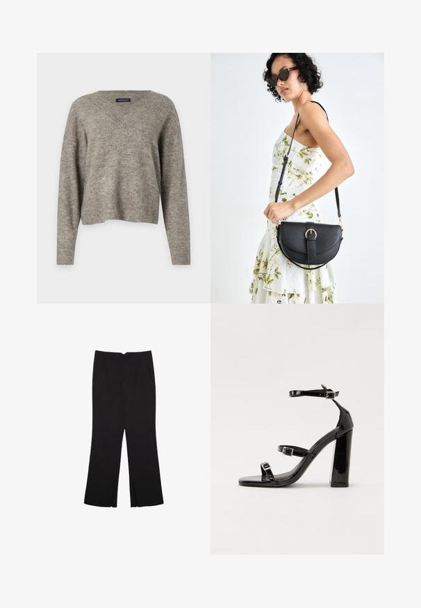 V-Ausschnitt, langärmliger Pullover aus hellgrauem Strickstoff mit geripptem Saum. Leichte Textur, leicht verkürztes Design mit entspannter Passform.; Schwarze Hose mit geradem Schnitt, ausgestattet mit Fronttaschen und Seitenschlitzen am Saum. Hergestellt aus weichem, glattem Stoff. Geeignet für verschiedene Anlässe.; Schwarze patentierte Sandalen mit Absatz, quadratischer Spitze, Knöchelriemen und silbernen Schnallen. Mit einem stabilen Blockabsatz für mehr Stabilität.; Schwarze Lederhandtasche mit geschwungener Form, abnehmbarem Tragegurt und goldenen Beschlägen. Die Tasche verfügt über einen Deckel mit einer Schnallen-Details.