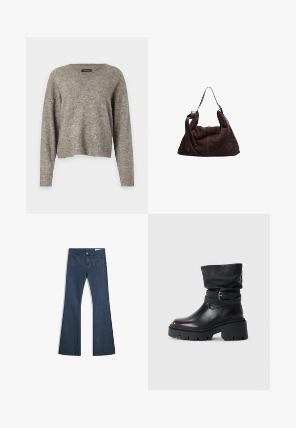 Maglione a V con maniche lunghe in tessuto di maglia grigio chiaro con orlo a coste. Tessuto leggero, design leggermente corto con vestibilità rilassata.; Jeans in denim blu scuro a fiala con tasche cucite, chiusura con bottone e una texture liscia. Presenta un classico design a cinque tasche.; Stivaletto in pelle nera con tomaia morbida, dettaglio con fibbia e suola spessa e robusta. Presenta una punta rotonda e una texture liscia.; Borsa a spalla hobo in suede marrone scuro con ampia tracolla in pelle regolabile e corpo morbido e sformato su sfondo bianco.