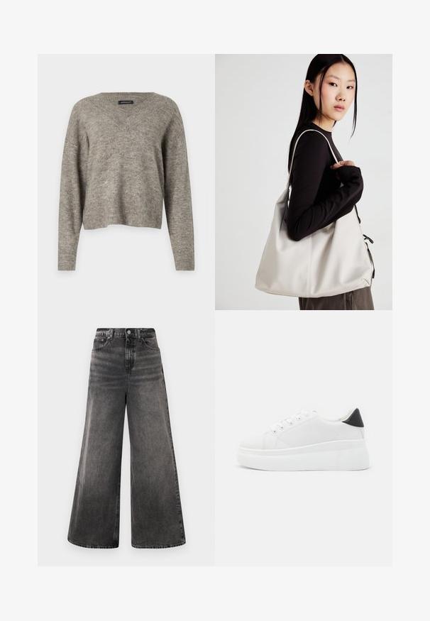 V-neck, long-sleeve sweater in light grey knit fabric with ribbed hem. Lightweight texture, slightly cropped design with relaxed fit.; Wide-leg black denim jeans with a faded wash, five-pocket design, and a button closure at the waistband, featuring stitched accents.; White platform sneakers made of smooth synthetic material, featuring a rounded toe, lace-up design, and a textured rubber sole. Black heel accent.; Beige handbag made of soft material, featuring a slouchy design, stitched detailing, and two shoulder straps. Suitable for everyday use.
