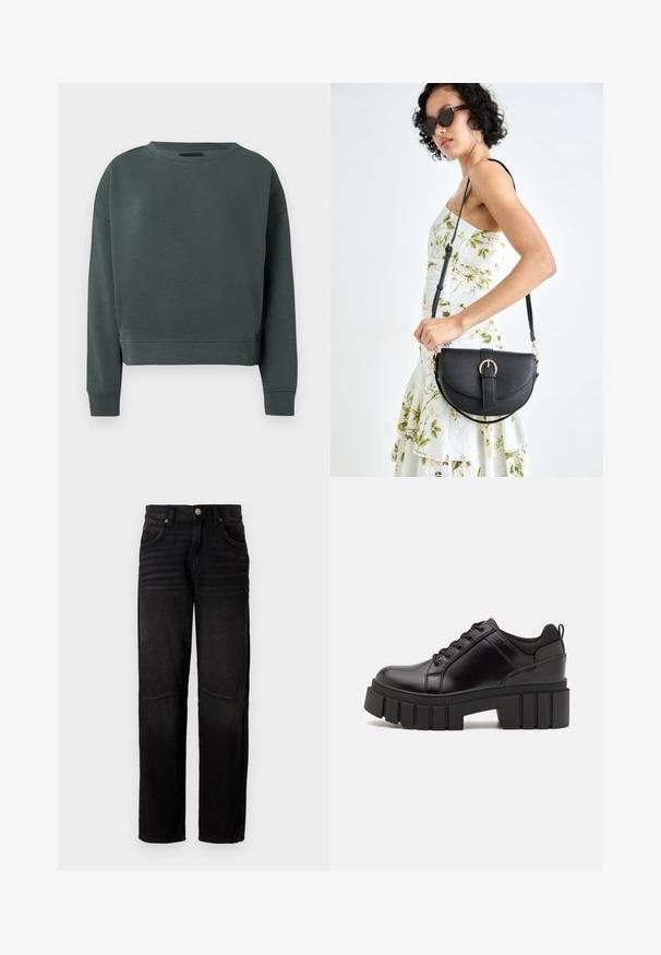 Mørkegrønn sweatshirt laget av glatt bomullsblanding. Har rund hals og ribbestrikkede mansjetter. Kortsiktig design med minimal sømdetalj.; Svarte denimjeans med rett ben, fem lommer, knappelås og subtile falmede detaljer på lårene og knærne.; Svarte lærplattformsko med kraftig blokkhell, rund tå og tradisjonell snøring. Har en jevn tekstur og minimal detaljering.; Svart lærveske med en buet form, avtagbar stropp og gullbeslag. Vesken har et klaff med spenne-detall.