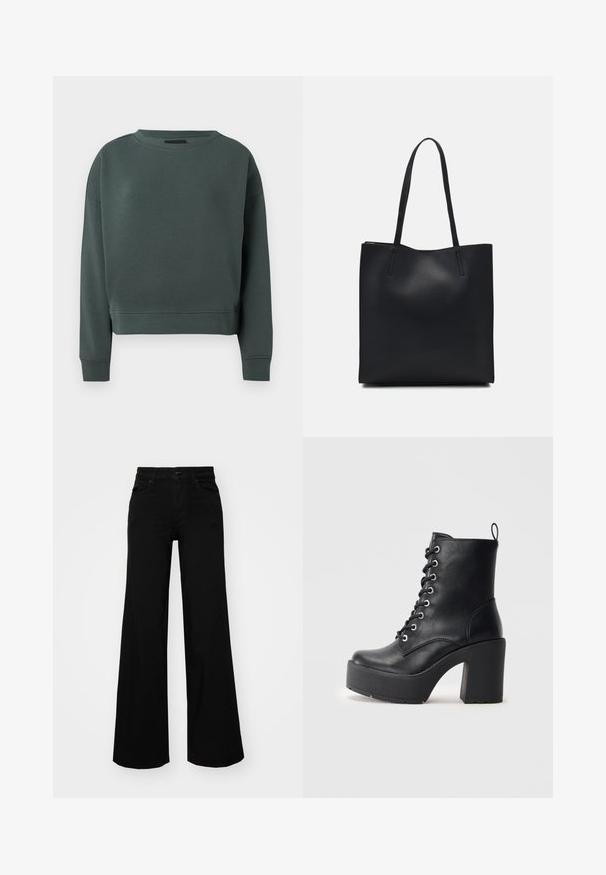 Sötétzöld, sima pamut keverékből készült pulóver. Kerek nyakú és bordázott mandzsettával rendelkezik. Rövidített fazon, minimális varrási részletekkel.; Fekete, bő szárú farmernadrág, amelynek állítható derékrésze van, övhurkokkal és elülső zsebekkel. Simaság jellemzi, klasszikus dizájnnal.; Fekete bőr bokacsizma vastag blokk sarkkal, fűzős elejével és texturált felületével. Hátul található egy fülecske, ami megkönnyíti a felhúzást.; Fekete bőrtáska sima felszínnel, téglalap alakú, két hosszú füllel. Nincs látható fémkiegészítő vagy díszítés.