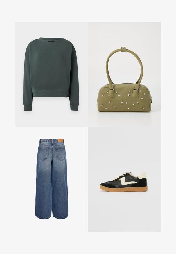 Tumši zaļš džemperis, izgatavots no gluda kokvilnas auduma maisījuma. Tam ir apaļa kakla izgriezums un ribota apkakle. Apgriezta dizaina ar minimālu šuvju detaļu.; Platas kāju džinsa kulotes vidēji zilā tonī ar izbalējušu tekstūru, ar divām aizmugurējām kabatām un brūnu ādas zīmola birku uz jostas.; Melna zamšāda un ādas sporta apavi ar krēmkrāsas sānu svītru un gaiši krēmkrāsas papēdi. Ar beigu krāsas auklām un gumijas zole.; Olīvu zaļa mākslīgā zamšādas soma ar sudraba zvaigžņu un studu rotājumiem. Iekļauj divas īsas rokturus un rāvējslēdzēju augšā.