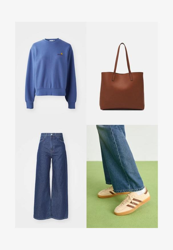 Sweatshirt bleu en mélange de coton, avec un col rond et des poignets côtelés. Logo brodé sur la poitrine en orange et rouge.; Jean large en denim bleu foncé. Conception taille haute avec fermeture éclair et bouton. Présente une coupe classique à cinq poches et des bords ourlés.; Baskets beiges avec des panneaux crémeux texturés et des rayures brunes, accompagnées d'un jean en denim bleu. Le jean a une coupe large et un ourlet effiloché.; Sac fourre-tout en cuir marron avec une texture lisse, design à ouverture supérieure et deux poignées pour le porter à l'épaule. Présente des coutures minimales et aucun matériel visible.