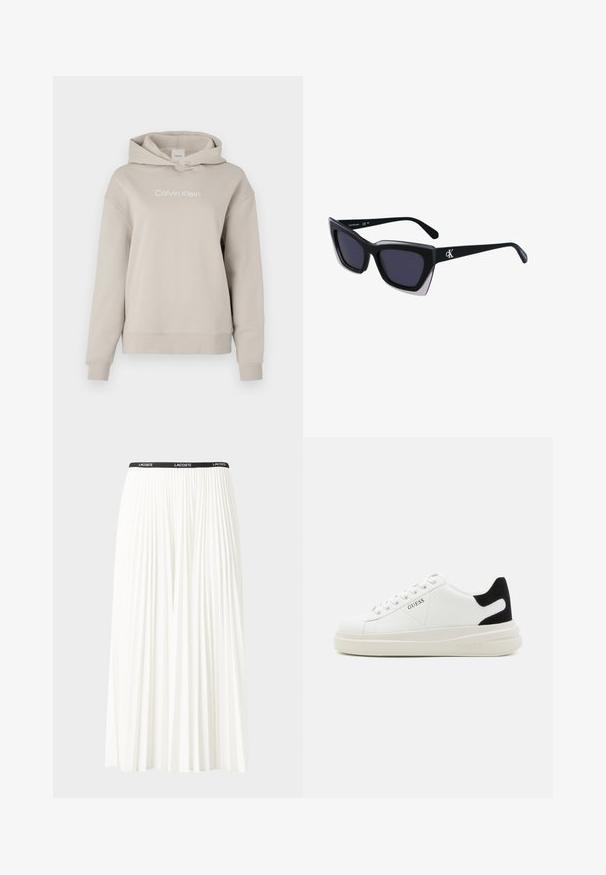 Μπεζ φούτερ με κουκούλα, με ριμπ μανσέτες και στρίφωμα. Διαθέτει λευκό λογότυπο "Calvin Klein" στο ύψος του στήθους. Μαλακό, υφασμάτινο ύφασμα.; Κοντή πλισέ λευκή φούστα με μαύρη ελαστική ζώνη που φέρει το λογότυπο "LACOSTE". Σχεδίαση μεσαίου μήκους με μαλακή υφή.; Λευκά δερμάτινα αθλητικά παπούτσια με χοντρή λευκή σόλα, μαύρη σουέτ λεπτομέρεια στην φτέρνα και ανάγλυφο λογότυπο στο πλάι. Σχέδιο με κορδόνια και έξι θηλιές.; Μαύρα υπερμεγέθη γυαλιά ηλίου με γεωμετρικό σχήμα, διαθέτοντας σκούρους φακούς και αντίθεση γκρίζα λεπτομέρεια στη σκελετό. Λογότυπο στον βραχίονα.