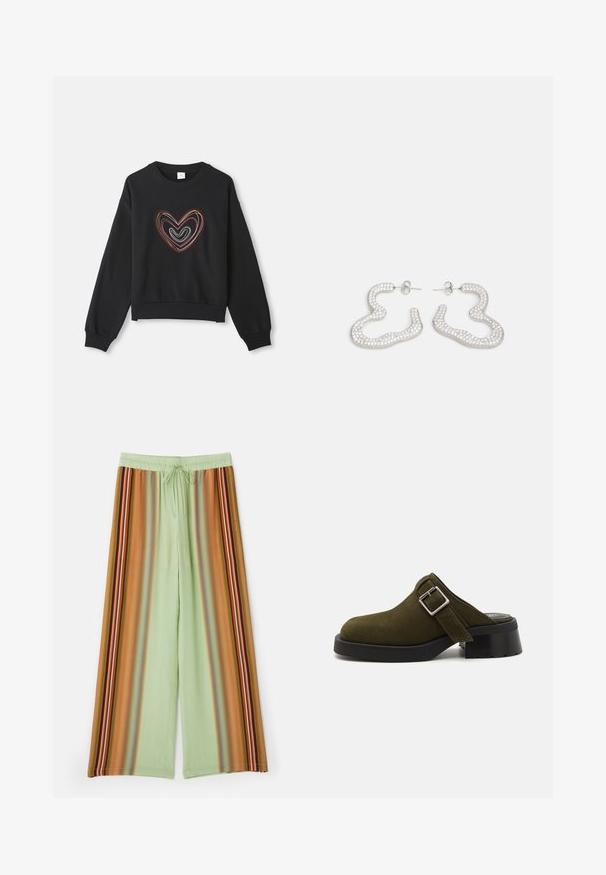 Felpa nera con un design a forma di cuore multicolore e linee curve. Collo rotondo, maniche lunghe e polsini e fondo a coste.; Pantaloni a gamba larga in tessuto verde chiaro con righe verticali in marrone, arancione e dettagli multicolori. Vita elastica con cordoncino.; Mule in suede verde oliva con tacco basso e spesso nero. Presenta una fascia laterale con una fibbia argentata per la regolazione. Texture liscia complessiva.; Orecchini in tonalità argento caratterizzati da un design astratto ondulato decorato con piccoli cristalli scintillanti. Chiusura con perni sicuri.