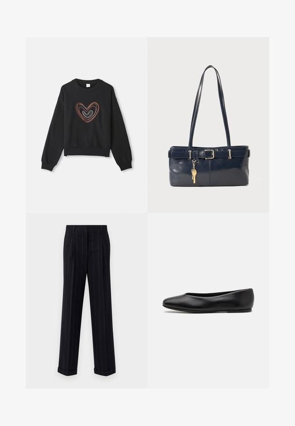 Sudadera negra con un diseño de corazón multicolor con líneas curvas. Cuello redondo, mangas largas y puños y dobladillo acanalados.; Pantalones a rayas negras con un corte ajustado, que cuentan con un dobladillo prensado y pliegues en la parte delantera. Fabricados con un tejido suave y un diseño estructurado.; Paul Smith TOPANGA - Bailarinas - black; Bolso de mano de cuero navy con dos asas largas, un detalle de hebilla y un llavero adjunto. Presenta una textura suave y una forma rectangular.