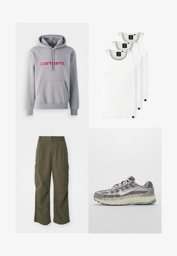Hanorac gri cu un buzunar frontal și logo-ul "carhartt" brodat în roz. Fabricat dintr-un material moale, cu mansete și tiv cu nervuri.; Trei maieuri albe ribbate din bumbac. Au un guler rotund și etichete negre mici lângă tiv. Disponibile în mai multe mărimi.; Pantaloni cargo de culoare verde oliv, din bumbac, cu un design cu picioare largi, plii și buzunare laterale pentru utilitate.; Pantofii sport gri sunt realizați dintr-un amestec de plasă și piele întoarsă, cu accente albe, o talpă bine îmbrăcată și un design distinctiv cu elemente reflectorizante.