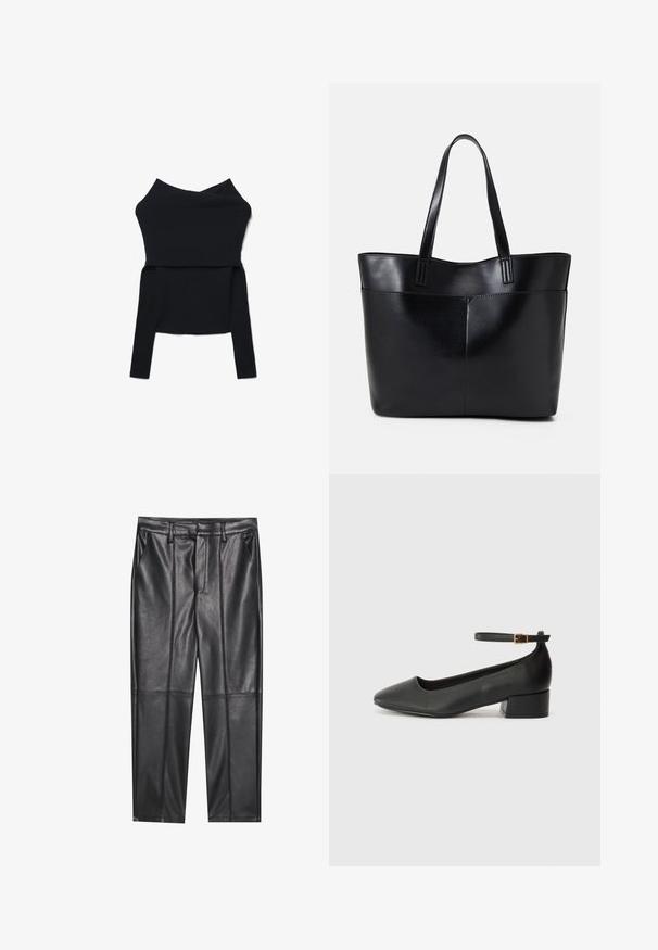 Schwarzes langärmliges Strickoberteil mit weitem, umschlagbarem Off-Shoulder-Ausschnitt und taillierter Silhouette.; Schwarze Lederhosen mit glatter Textur, gerader Passform, zwei Fronttaschen und sichtbaren Nahtdetails.; Schwarze Lederpumps mit spitzem Zehenbereich und niedrigem Blockabsatz. Mit einem Knöchelriemen und einer goldfarbenen Schnalle. Glatte Textur.; Schwarze Leder-Shopper-Tasche mit zwei langen Griffen, einer glatten Textur und einer strukturierten Form. Verfügt über eine Vordertasche für zusätzlichen Stauraum.