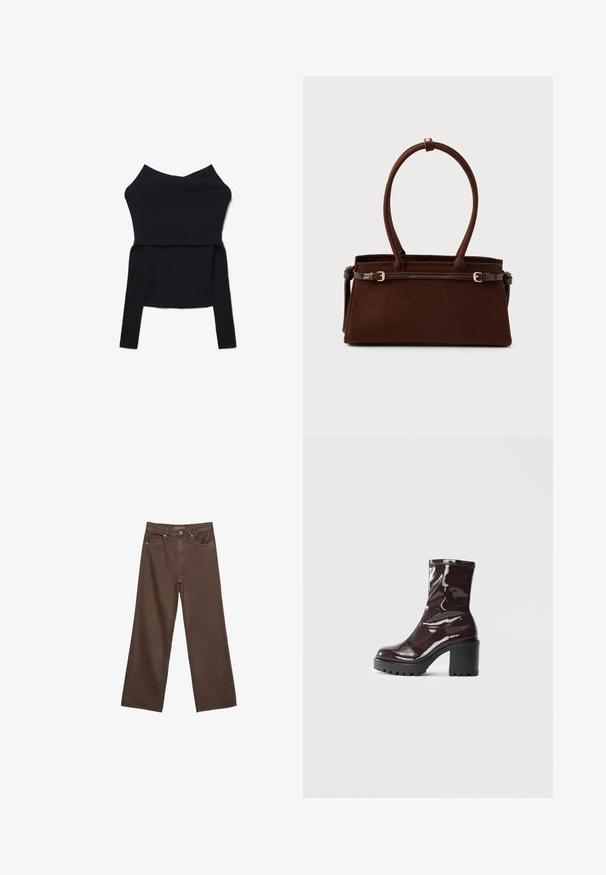 Schwarzes langärmliges Strickoberteil mit weitem, umschlagbarem Off-Shoulder-Ausschnitt und taillierter Silhouette.; Weite braune Jeans aus Denim, mit hoher Taille, Fronttaschen und klassischem Knopfverschluss. Glatte Textur mit feinen Nähten.; Glatte bordeauxrote Ankle Boots mit einem klobigen schwarzen Absatz, die eine glatte Oberfläche und ein einfaches Design aufweisen. Keine sichtbaren Verschlüsse oder Muster.; Dunkelbraune Wildleder-Handtasche mit strukturierter Form, ausgestattet mit zwei oberen Griffen und einem abnehmbaren Riemen mit einer goldfarbenen Schnallenakzent.