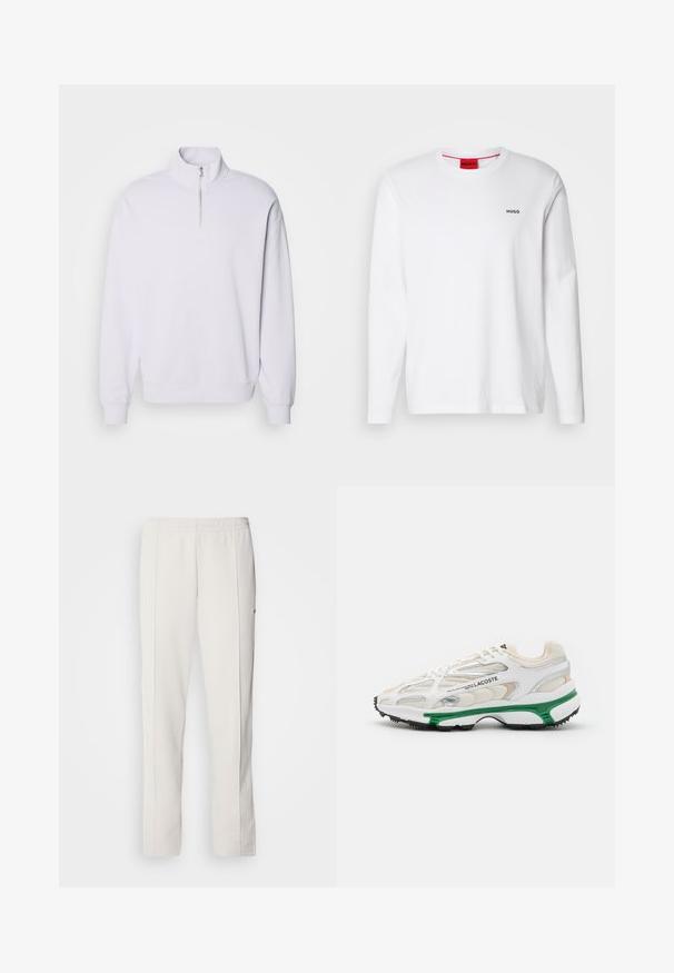 HUGO DURTY - Camisola - light/pastel purple; Camisa branca de mangas longas feita de algodão, com decote redondo, logotipo preto "HUGO" no lado esquerdo do peito e uma textura suave.; Lacoste Calças de fato de treino - hammam; Sapatilha branca com detalhes verdes e sola de borracha preta. Apresenta painéis em malha e sintéticos, com um acabamento texturizado e costura visível.