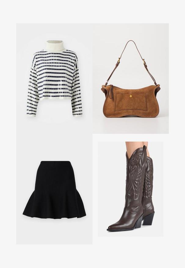 Maglione accorciato con colletto alto, caratterizzato da righe orizzontali blu navy e bianche e una finitura in paillettes per texture e brillantezza.; Gonna nera svasata realizzata in tessuto morbido. Presenta una vita adatta e un orlo ondulato, creando un aspetto a strati.; Stivali da cowboy in pelle marrone con punta affusolata e tacco a blocco, caratterizzati da dettagliati ricami e accenti rialzati sul gambale.; Dolce Vita JOSIE - Borsa a mano - pecan; Orecchini color oro con una forma liscia e arrotondata, caratterizzati da una superficie riflettente e una chiusura a perno per un indossamento sicuro.