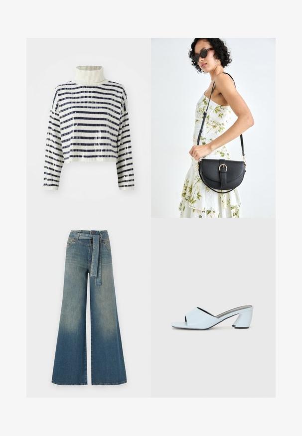 Maglione accorciato con colletto alto, caratterizzato da righe orizzontali blu navy e bianche e una finitura in paillettes per texture e brillantezza.; Pantaloni in denim a gamba larga con una sfumatura che va dal blu chiaro al blu scuro, vita alta, passanti per cintura e una cintura in tessuto coordinato. Finitura in denim strutturato.; Mule aperte di colore blu chiaro con punta aperta e design geometrico, dotate di una fascia larga che attraversa il piede e di un tacco spesso e angolare.; Borsa a tracolla nera in pelle con una forma curva, manico rimovibile e accessori dorati. La borsa presenta una patta con un dettaglio a fibbia.