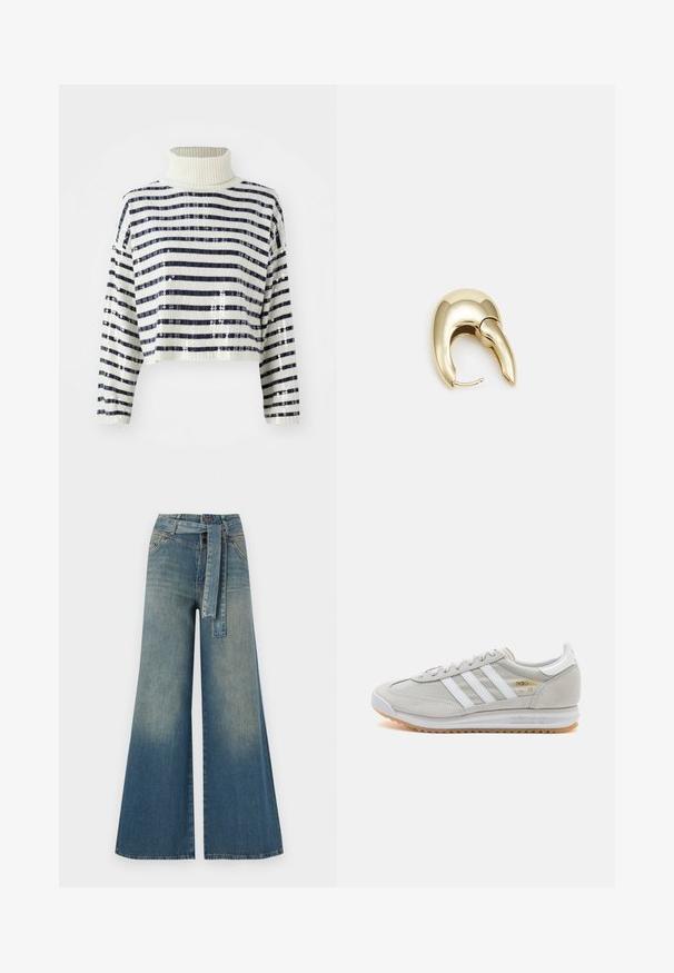 Kuttet genser med høy krage, med marineblå og hvite horisontale striper og paljettfinish for tekstur og glans.; Bredde ben jeans med en lyseblå til mørkeblå gradient, høyt liv, beltehemper og et matchende belte i samme stoff. Teksturert denimoverflate.; Lys grå sneaker laget av semsket skinn og mesh, med tre hvite striper, rund tå og såle av gummi. Gull logo-aksent nær snørebåndene.; Gullfarget metalløredobber med et elegant, buet design. Har en karakteristisk spiss form, polert overflate og hengsel-lukking.