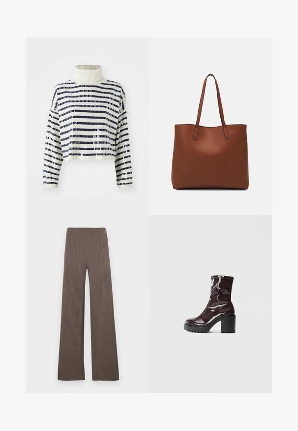 Kuttet genser med høy krage, med marineblå og hvite horisontale striper og paljettfinish for tekstur og glans.; Ribbede bukser med vide ben i en mørk brun farge, med elastisk midjebånd og et mykt, teksturert stoff.; Glinsende burgunder ankelstøvel med en kraftig svart hæl, med en glatt tekstur og enkelt design. Ingen synlige lukkinger eller mønstre.; Brun lær tote veske med en jevn tekstur, åpen toppdesign og to skulderstropper. Har minimal søm og ingen synlige spiker.